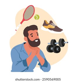 Pensive man cartoon character making choice deciding between bodybuilding and tennis sport training vector illustration. People choosing physical exercise for health, body care and wellbeing