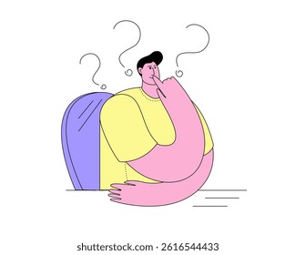 Pensive man deep in his thoughts. Vector illustration on the topic of psychological help in life.