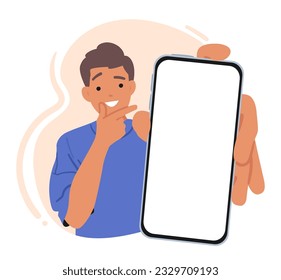 Pensive Man Displaying Smartphone Screen. Male Character Sharing Information Or Media With Others. Enhancing Communication And Facilitating Digital Interaction. Cartoon People Vector Illustration