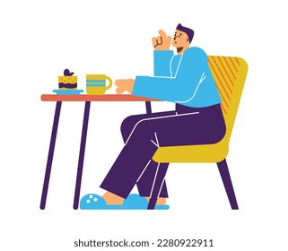 Pensive man dreaming during breakfast, flat vector illustration isolated on white background. Inattentive character sitting at the table and thinking about something. Concepts of thoughts and dreams.