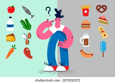 Pensive man make decision among healthy and unhealthy food. Thoughtful guy decide about dietary and junk products. Diet and wellness. Nutrition. Good habit concept. Vector illustration. 