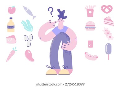 El hombre pensativo toma decisiones entre alimentos saludables y poco saludables. Tipo reflexivo decide sobre productos dietéticos y chatarra. Dieta y bienestar. Nutrición. Buen concepto de hábito. Ilustración vectorial.