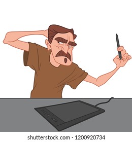 Pensive man with a mustache is thinking what to draw on a graphic tablet.
