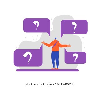 Pensive man. Person in doubt. Teenager frustrated by current situation. Male character thinking about problems. Vector flat illustration.