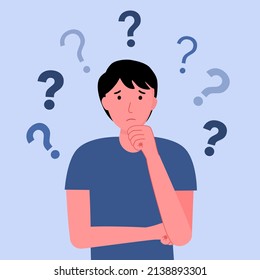 Pensive man with question mark in flat design. Thoughtful guy being confused.