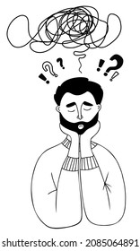 Pensive man. Sad or thinking man with beard. Doubts, thoughts and questions in head. Vector illustration. Psychology and concept of doubt. Isolated hand drawing doodle on white background