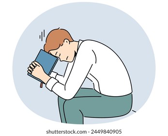 Pensive man sit on bench pray with bible. Thoughtful male believer feel religious pray to God with bible. Religion and faith concept. Vector illustration.