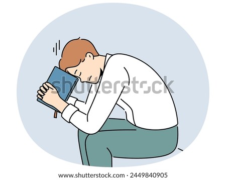 Pensive man sit on bench pray with bible. Thoughtful male believer feel religious pray to God with bible. Religion and faith concept. Vector illustration.