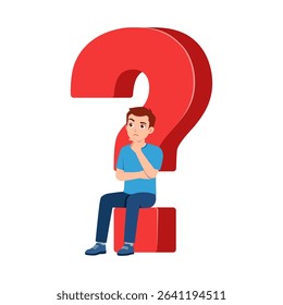 Pensive man sitting on red question mark symbol thinking with hand on chin in illustration
