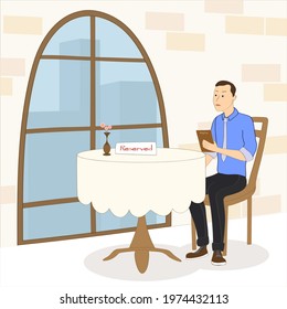 pensive man sitting at a table in a restaurant looking at the menu, funny cartoon illustration vector.