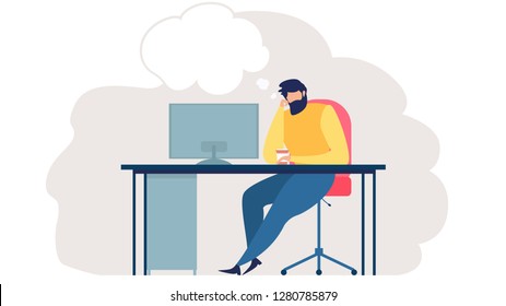 Pensive Man Sitting at Work Desk with Screen, Drinking Coffee and Thinking About Something Illustration. Freelancer or Web Developer Planning Project, Searching New Ideas Concept with Thoughts Cloud