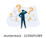 Pensive man standing and making business decision isolated flat vector illustration. Cartoon businessman choosing work strategy for success. Questions dilemma and options confusion concept