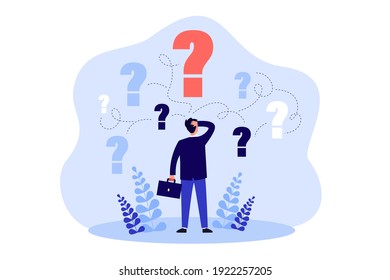 Pensive Man Standing And Making Business Decision Isolated Flat Vector Illustration. Cartoon Businessman Choosing Work Strategy For Success. Questions Dilemma And Options Confusion Concept