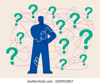 Pensive man standing and making decision. Questions dilemma and options confusion concept. Colorful vector illustration
 