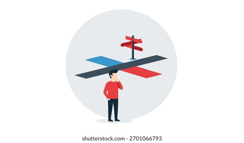 Ein pensiver Mann, der an einem wechselseitigen Scheideweg steht und die Komplexität eines Lebens oder einer Berufswahl symbolisiert.