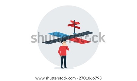 A pensive man standing at a multi-directional crossroads, symbolizing the complexity of making a life or career choice.