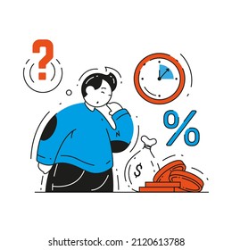 Pensive Man Thinking About Credit To Continue Business In Economic Crisis Microloan Concept Vector Flat Illustration. Unhappy Entrepreneur Trying Get Bank Small Loan Need For Short Term Money Isolated