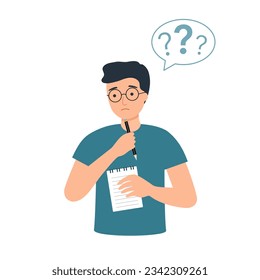 Carácter pensivo de pensamiento hombre en diseño plano sobre fondo blanco.