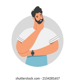 Pensive man thinking. Doubt, decision making, or problem solving concept. Flat vector illustration on white background.