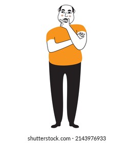 Hombre pensante pensando con la mano en el mentón. El personaje tiene una pregunta. Ilustración vectorial al estilo de las caricaturas. Joven pensativo o pensivo. Aislado sobre el fondo blanco.