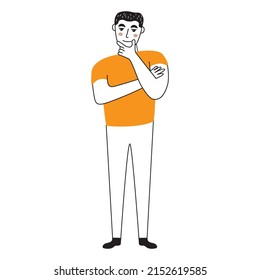 Pensive man thinking with hand on chin.Character have a question.Vector illustration in cartoon style.Pensive or thinking young guy.Isolated on white background.