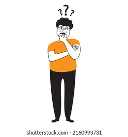Pensive man thinking with hand on chin.Character have a question.Vector illustration in cartoon style.Pensive or thinking young guy.Isolated on white background.