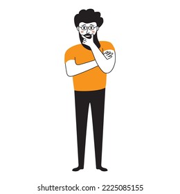 Pensive man thinking with hand on chin.Character have a question.Vector illustration in cartoon style.Pensive or thinking young guy.Isolated on white background.