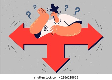 Pensive Man Thinking Making Decision About Career Change. Frustrated Male Feel Confused Stand On Crossroad Deciding Which Way To Take. Vector Illustration. 