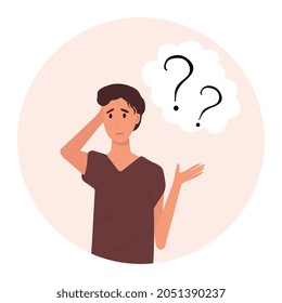 Pensive man vector illustration. Thinking or making decision in cartoon style. Emotions of surprise and bewilderment