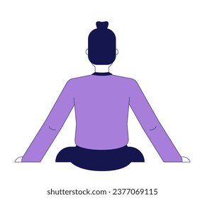 Pensive man watching back view 2D linear cartoon character. Caucasian adult male sitting back position isolated line vector person white background. Carefree lifestyle color flat spot illustration