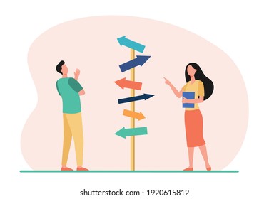 Pensive man and woman choosing direction. Arrow, path, business flat vector illustration. Decision and strategy concept for banner, website design or landing web page