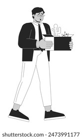 Pensive middle eastern man losing job black and white 2D line cartoon character. Arab man with stuff leaving work isolated vector outline person. Unemployment monochromatic flat spot illustration