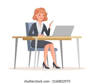 Pensive Office Woman in Suit at Desk with Laptop Engaged in Workflow Vector Illustration