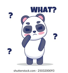 Pensive panda says what? Isolated vector illustration on white background in kawaii style.