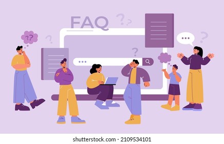 Pensive people ask questions, search answers online. Vector flat illustration of FAQ page with curious and puzzled characters, laptop, question marks and speech bubbles