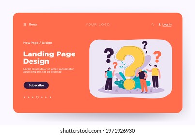 Pensive people asking frequently asked questions isolated flat vector illustration. Cartoon tiny characters standing near huge question mark. Help and communication concept