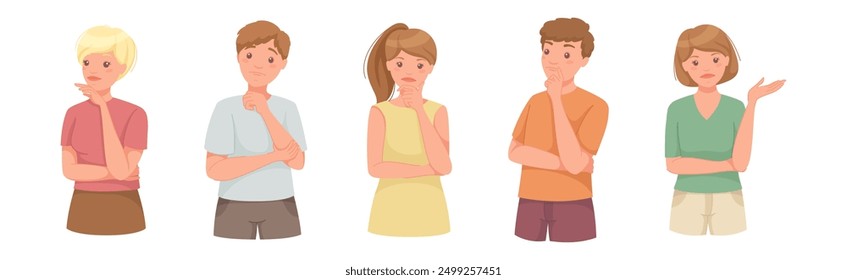 Pensive People Character Scratching Head Thinking and Considering Something Vector Set