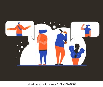 Pensive people concept. Man and women dressed in casual clothes standing in doubt. Person frustrated by current situation. Group of characters thinking about problems. Vector flat illustration.
