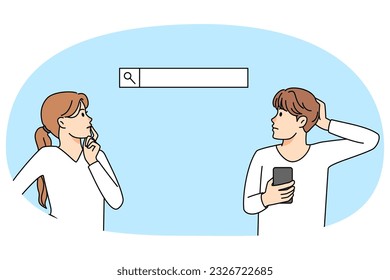 Pensive people thinking searching information on internet. Thoughtful man and woman engaged in brainstorming when surfing or browsing on web. Vector illustration.