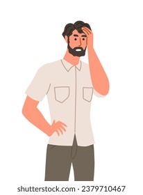 Pensive person concept. Thoughtful man. Facial expressions and gestures, emotions. Sticker for social networks and messengers. Cartoon flat vector illustration isolated on white background