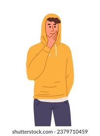 Pensive person concept. Thoughtful young guy. Facial expressions and gestures, emotions. Graphic element for website. Cartoon flat vector illustration isolated on white background