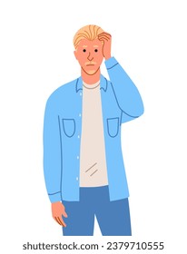Pensive person concept. Thoughtful young guy. Facial expressions and gestures, emotions. Puzzle and riddle. Poster or banner. Cartoon flat vector illustration isolated on white background