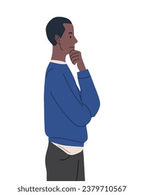 Pensive person concept. Thoughtful young guy. Facial expressions and gestures, emotions. Idea and insight. Template and layout. Cartoon flat vector illustration isolated on white background