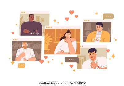 Pensive single woman looking man at virtual dating vector flat illustration. Female searching love choosing between different male isolated on white. Concept of online meeting and web communication