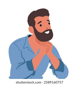 Pensive smiling man thinking making decision feeling inspiration, dreamlike and puzzled vector illustration. Thoughtful positive male cartoon character planning future or remembering good vibes