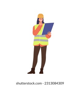 Pensive smiling woman construction site engineer cartoon female worker character looking at contract