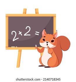 Ardilla pesada haciendo sumas en pizarra. Matemáticas de aprendizaje de animales salvajes en la escuela, pensamiento, estudio de ilustración de vectores de dibujos animados. Rodent, concepto de educación