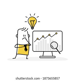 Pensive stickman with bulb. Business intelligence and business rules, big data analytics. Vector illustration.