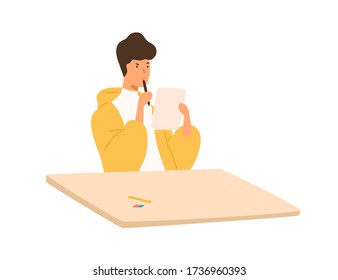 Pensive Student Guy Holding Paper Sheet And Pen Sitting At Table Vector Flat Illustration. Focused Male Thinking On Test At College Or University Isolated On White Background. Teenager At Examine