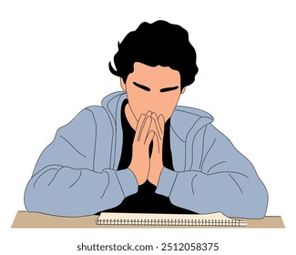 Pensive student guy sitting at table with notebook vector flat illustration. Focused male thinking on test at college or university isolated on white background. Teenager at examine